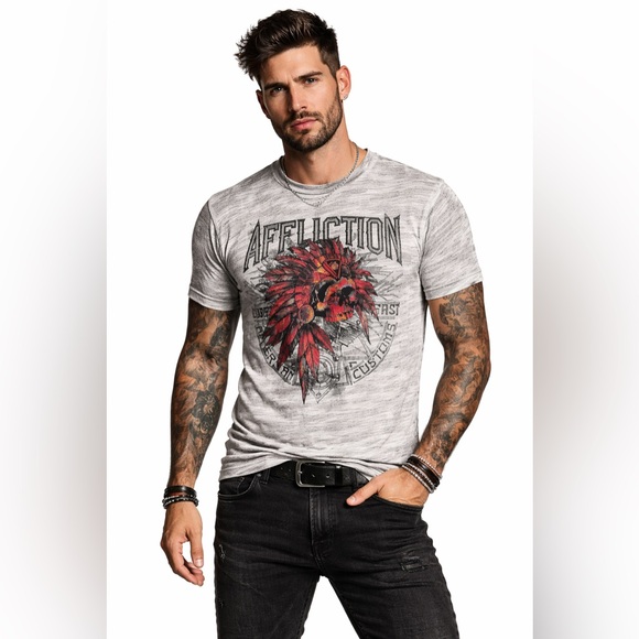 Affliction Other - Affliction “Sketch Tribe” Red/Heather Gray Graphic Tee – Men’s Sz L